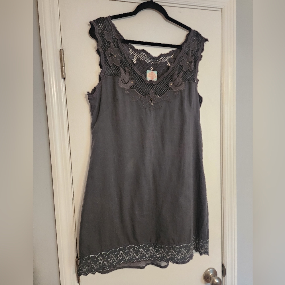Free People Gray Embroidered Mini Dress Size Large NWT